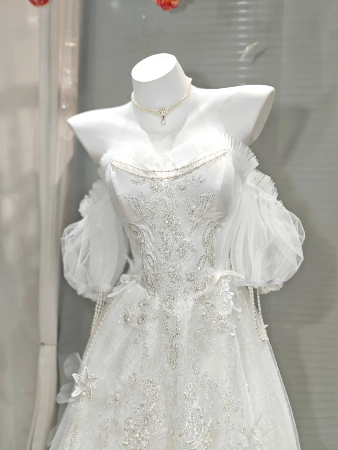 Dreamy White Off Shoulder 3D Floral Lace Beaded A-line Long Wedding Dress AE198