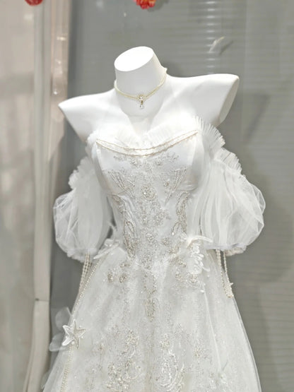 Dreamy White Off Shoulder 3D Floral Lace Beaded A-line Long Wedding Dress AE198