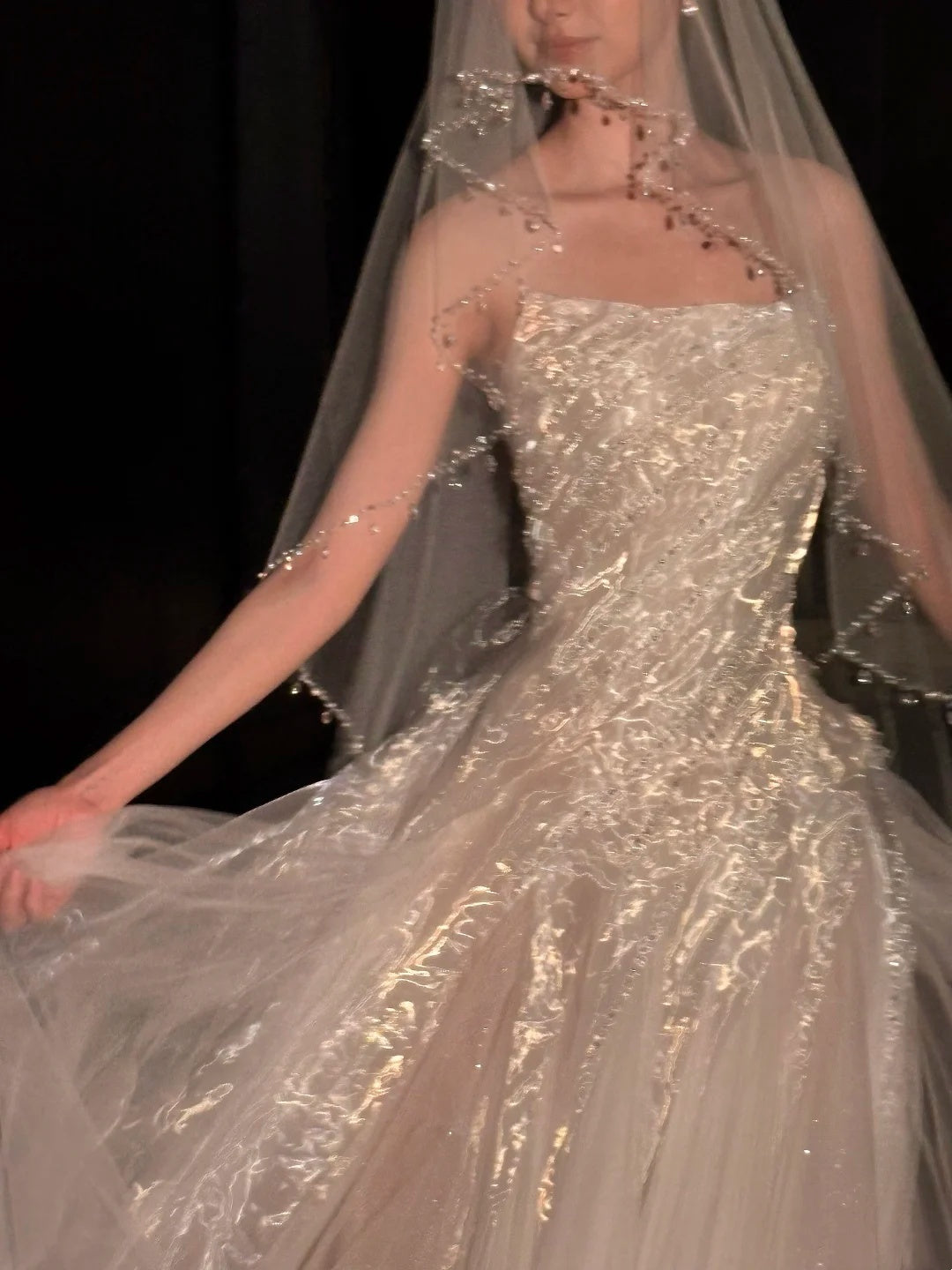 Ethereal White Strapless Shimmer Sequin Tulle A-line Long Wedding Dress AE199