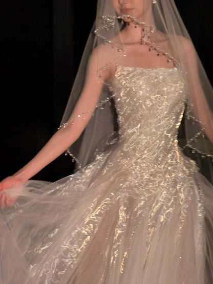 Ethereal White Strapless Shimmer Sequin Tulle A-line Long Wedding Dress AE199
