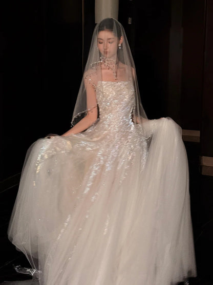 Ethereal White Strapless Shimmer Sequin Tulle A-line Long Wedding Dress AE199