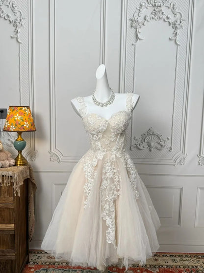 Delicate Nude Sweetheart Strap 3D Floral Lace Appliques Tulle A Line Short Homecoming Dress AE200