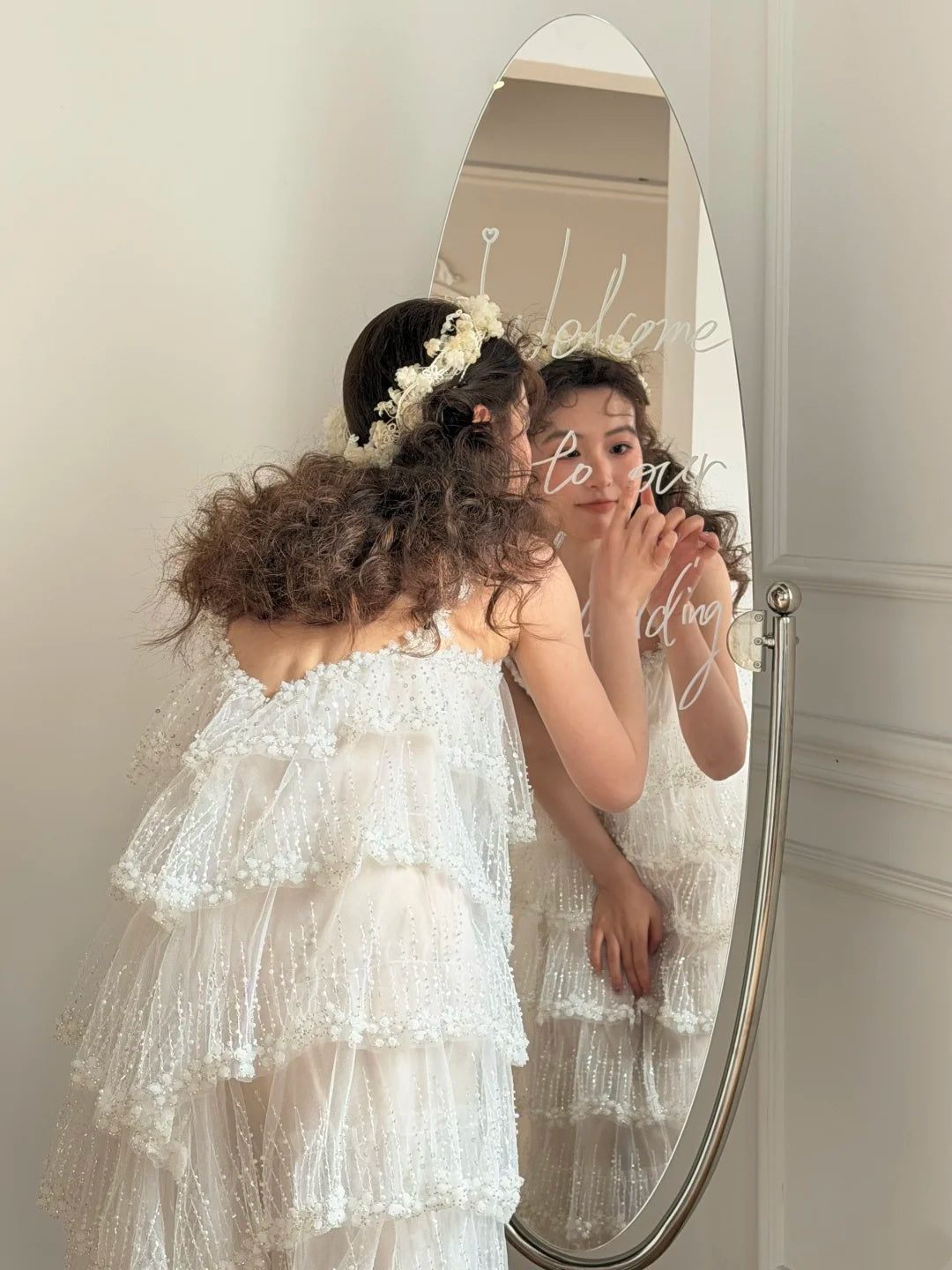 Ethereal White Square Neck Beaded Spaghetti Strap Tiered Tulle A Line Long Wedding Dress AE201