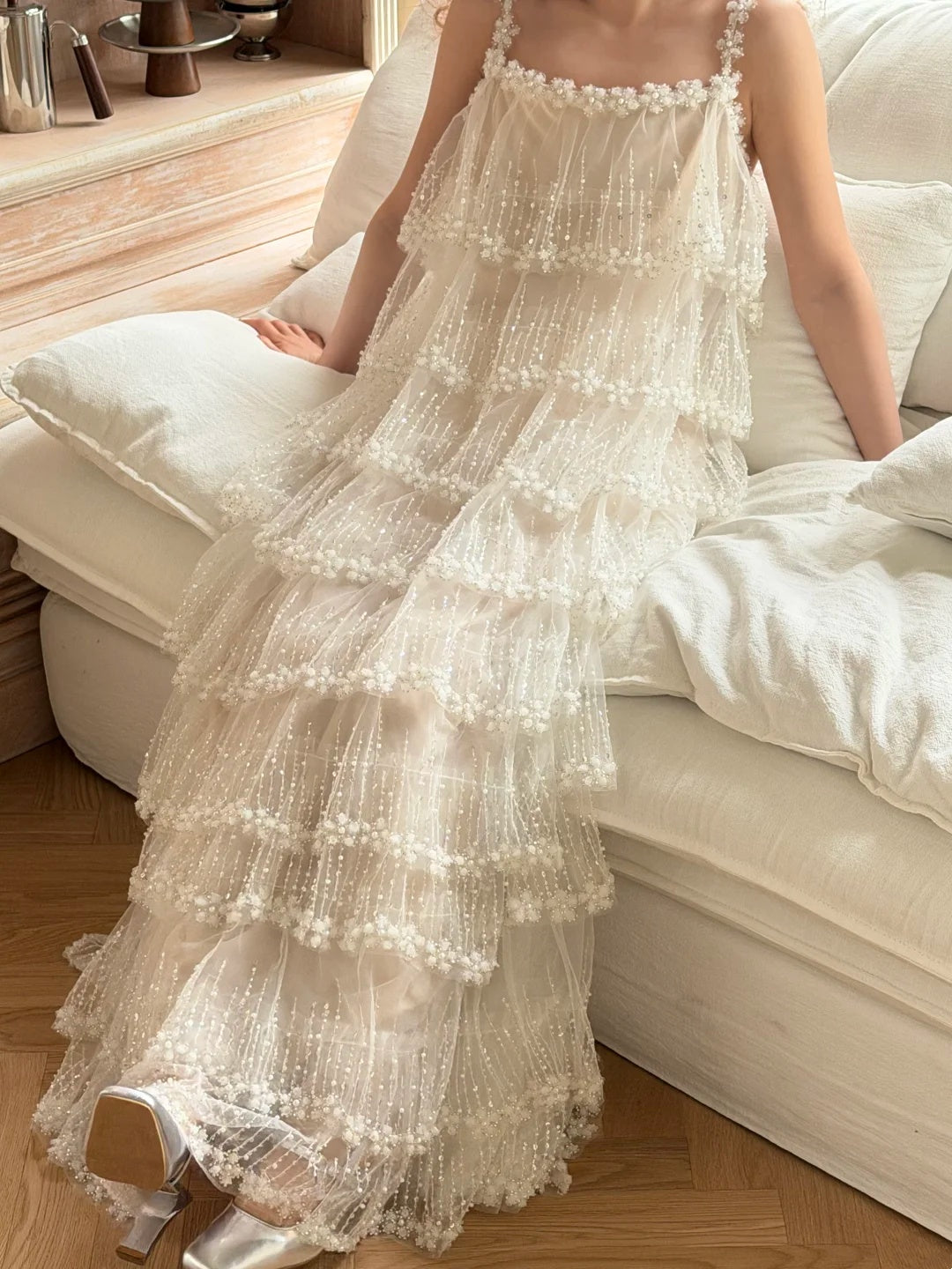 Ethereal White Square Neck Beaded Spaghetti Strap Tiered Tulle A Line Long Wedding Dress AE201