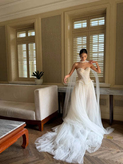 Exquisite Ivory Sweetheart Beaded Corset A-line Long Wedding Dress With Chapel Train AE203