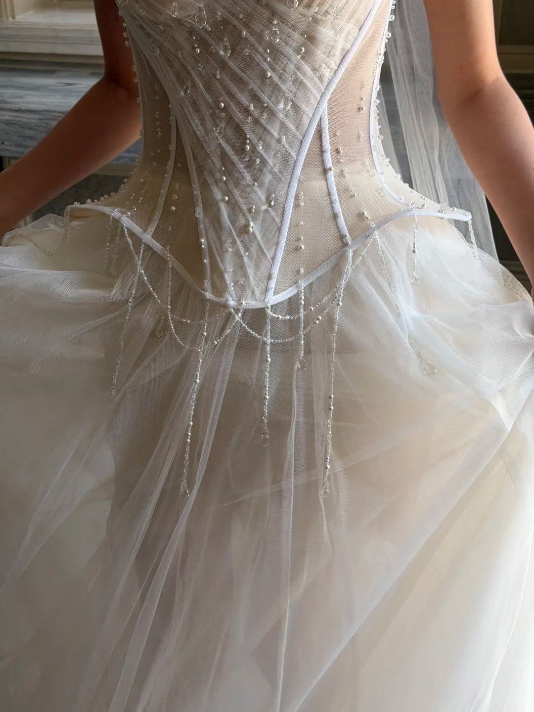 Exquisite Ivory Sweetheart Beaded Corset A-line Long Wedding Dress With Chapel Train AE203