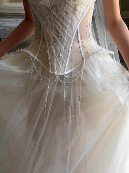 Exquisite Ivory Sweetheart Beaded Corset A-line Long Wedding Dress With Chapel Train AE203