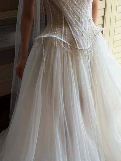Exquisite Ivory Sweetheart Beaded Corset A-line Long Wedding Dress With Chapel Train AE203
