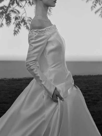 Classic White Satin Bateau Neck Long Sleeve Pearl Beaded A-line Long Wedding Dress With Chapel Train AE204