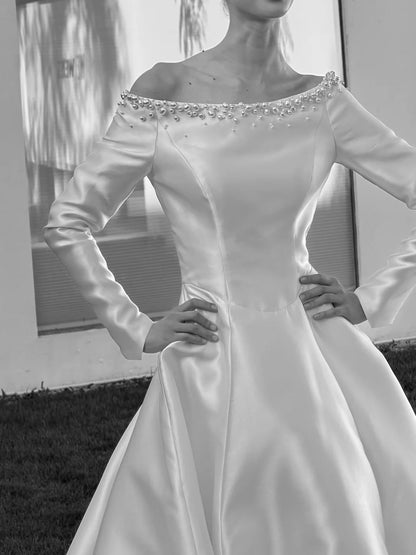 Classic White Satin Bateau Neck Long Sleeve Pearl Beaded A-line Long Wedding Dress With Chapel Train AE204