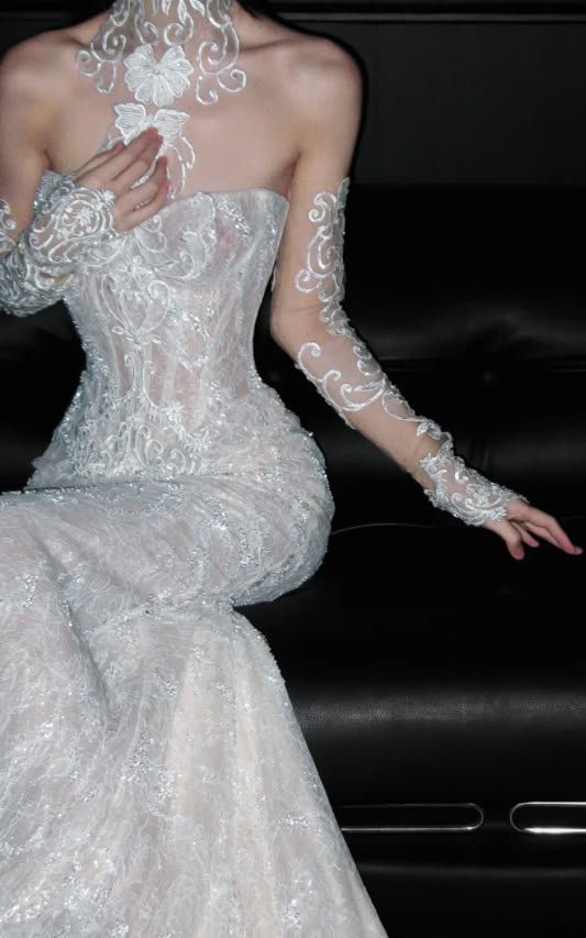 Ethereal Ivory High Neck Sheer Lace Glitter Mermaid Long Wedding Dress With Chapel Train AE207