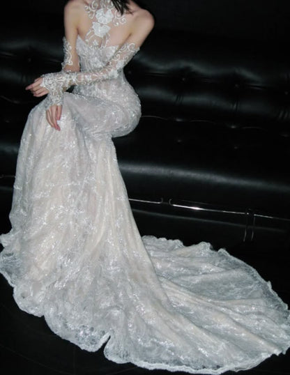 Ethereal Ivory High Neck Sheer Lace Glitter Mermaid Long Wedding Dress With Chapel Train AE207
