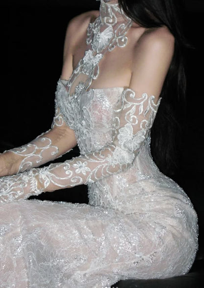 Ethereal Ivory High Neck Sheer Lace Glitter Mermaid Long Wedding Dress With Chapel Train AE207