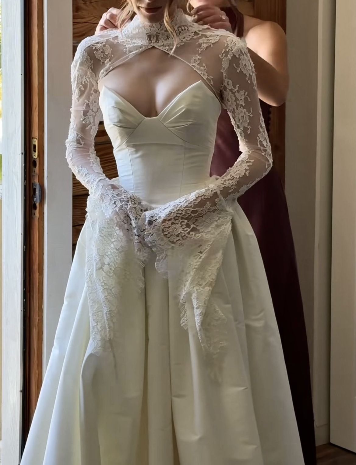 Chic Ivory Sweetheart Satin A Line Wedding Dress With High Neck Lace Long Sleeves AE209