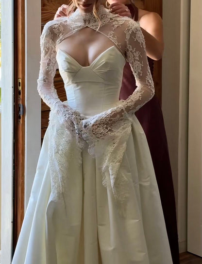 Chic Ivory Sweetheart Satin A Line Wedding Dress With High Neck Lace Long Sleeves AE209