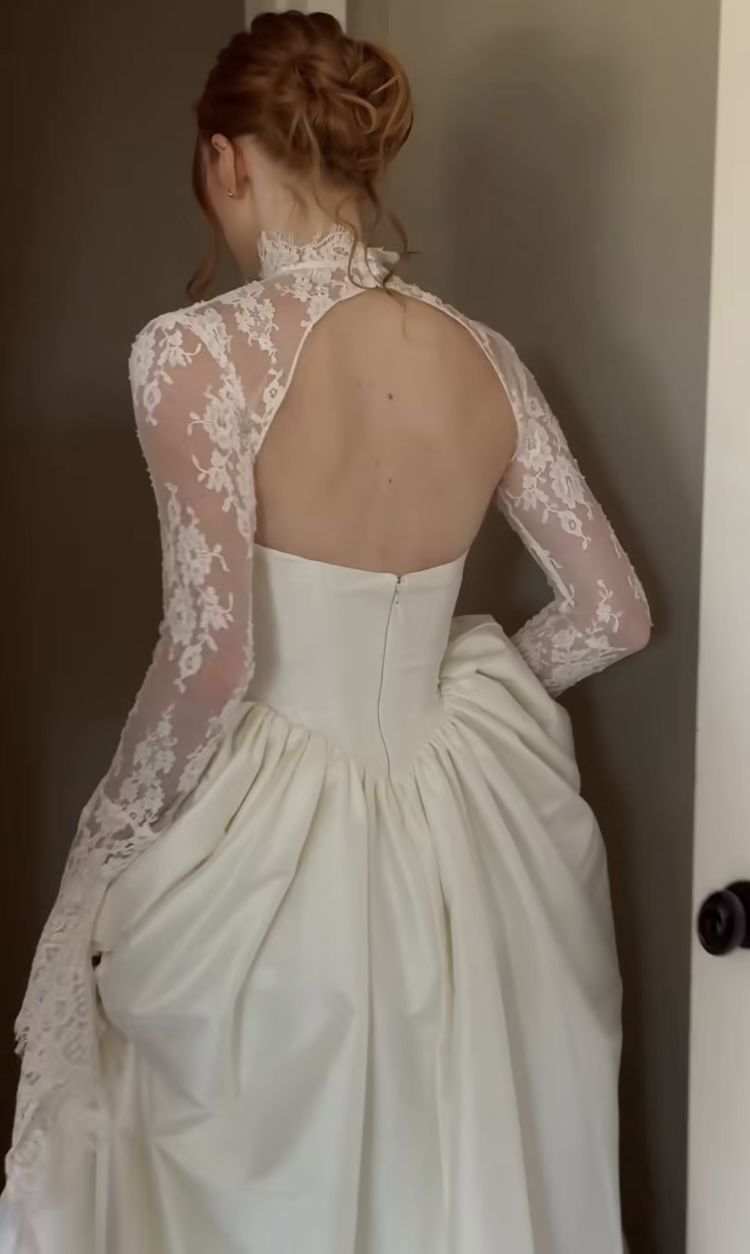 Chic Ivory Sweetheart Satin A Line Wedding Dress With High Neck Lace Long Sleeves AE209