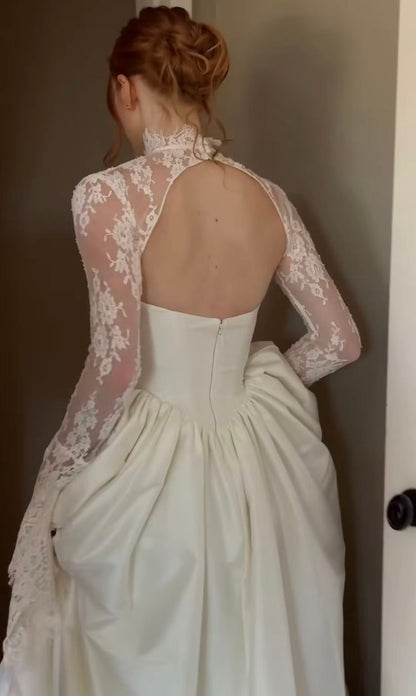 Chic Ivory Sweetheart Satin A Line Wedding Dress With High Neck Lace Long Sleeves AE209