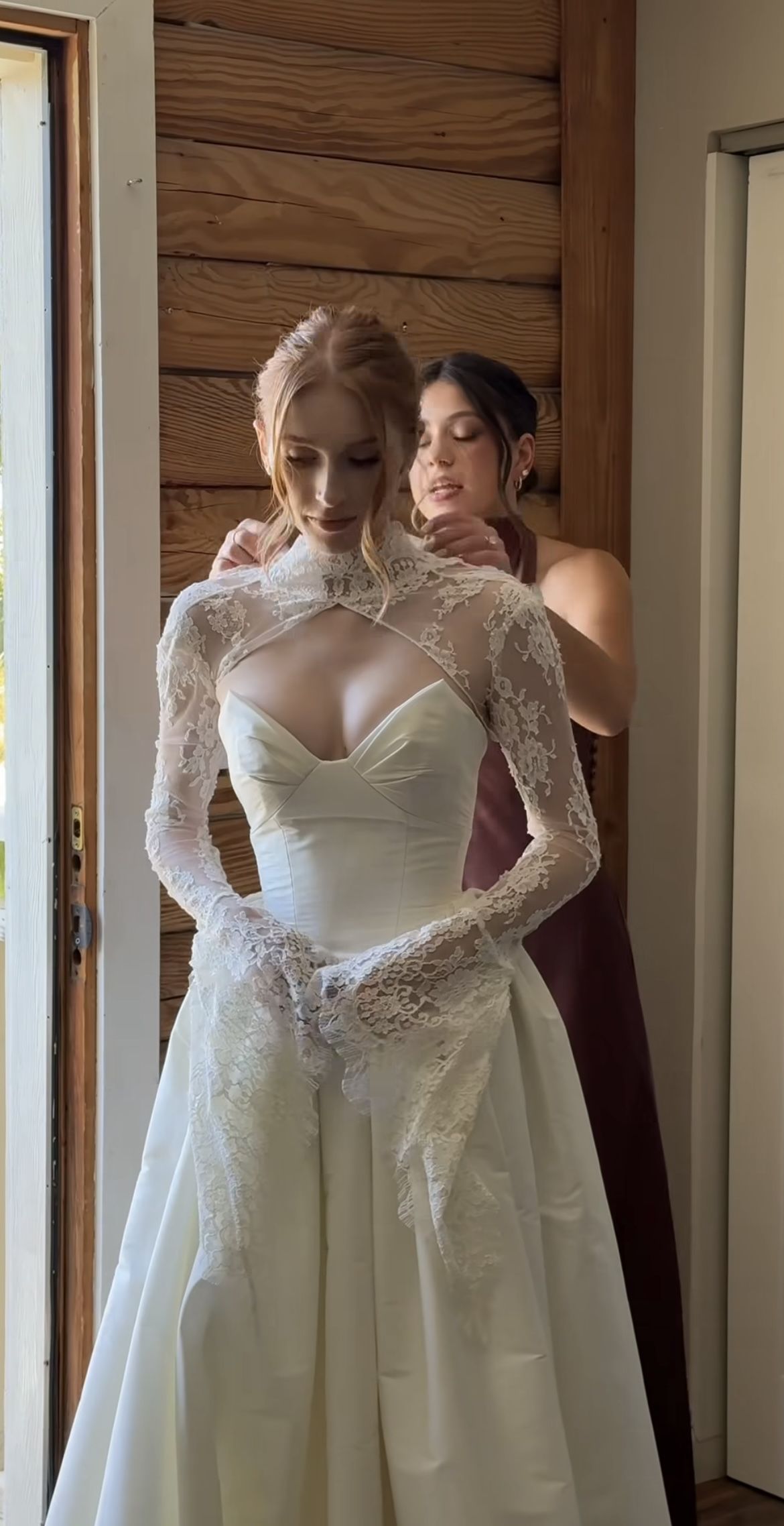Chic Ivory Sweetheart Satin A Line Wedding Dress With High Neck Lace Long Sleeves AE209