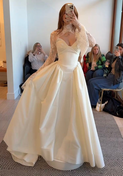 Chic Ivory Sweetheart Satin A Line Wedding Dress With High Neck Lace Long Sleeves AE209