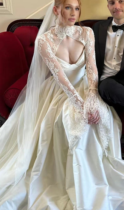 Chic Ivory Sweetheart Satin A Line Wedding Dress With High Neck Lace Long Sleeves AE209