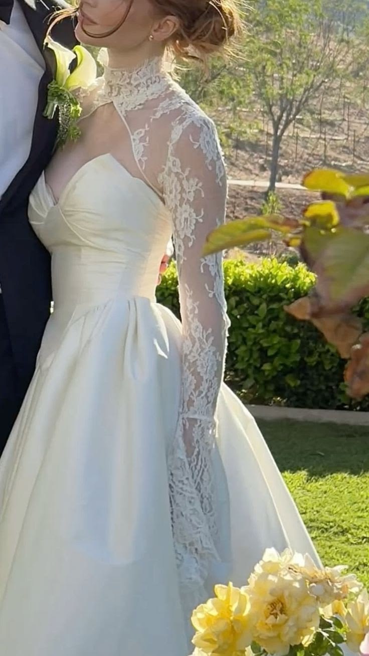Chic Ivory Sweetheart Satin A Line Wedding Dress With High Neck Lace Long Sleeves AE209
