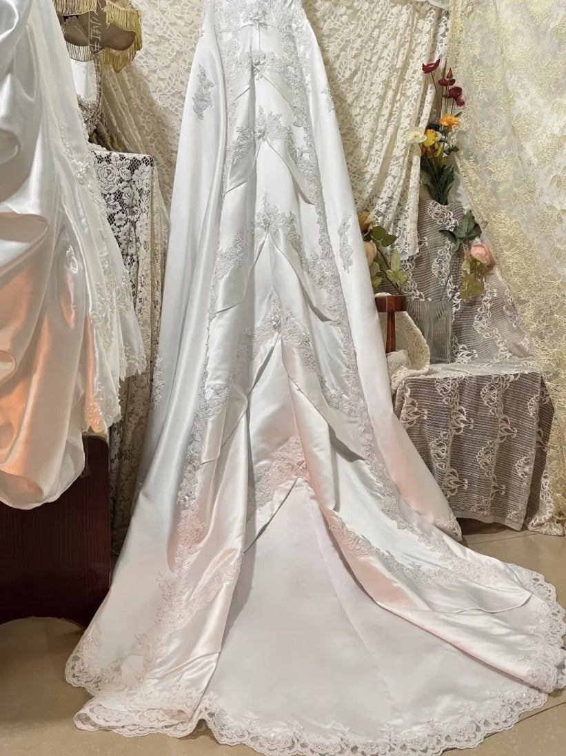 Romantic Ivory Off The Shoulder Lace Beaded Appliqué Satin A-Line Long Wedding Dress With Chapel Train AE212