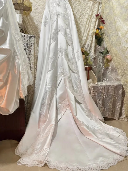 Romantic Ivory Off The Shoulder Lace Beaded Appliqué Satin A-Line Long Wedding Dress With Chapel Train AE212