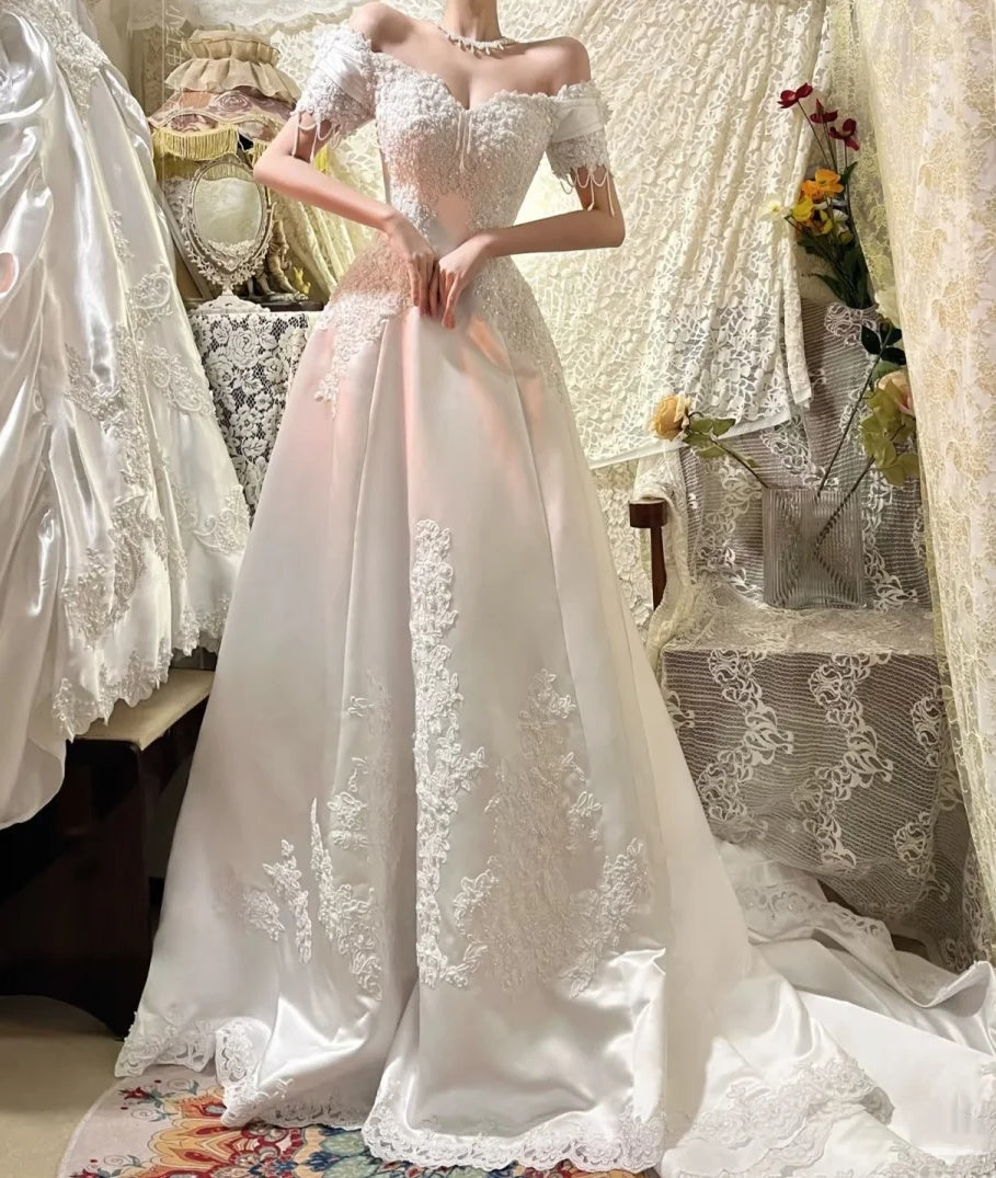 Romantic Ivory Off The Shoulder Lace Beaded Appliqué Satin A-Line Long Wedding Dress With Chapel Train AE212