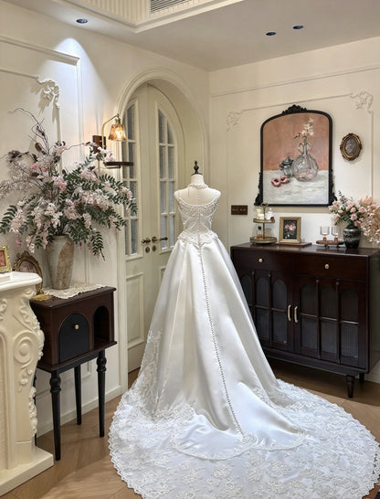 Delicate Ivory Spaghetti Straps Lace Beaded Appliqué Satin A-Line Long Wedding Dress With Chapel Train AE213