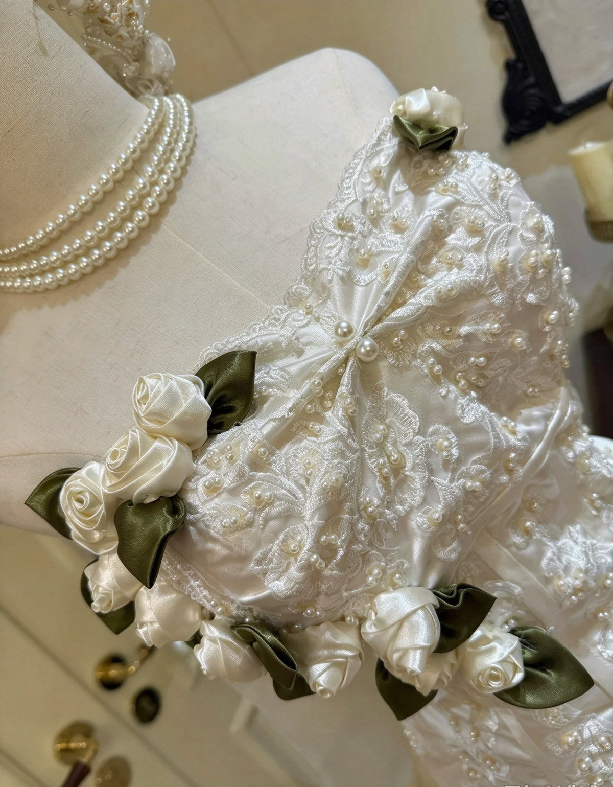 Elegant Ivory Strapless 3D Rose Beaded Ruffled Ball Gown Long Wedding Dress AE214