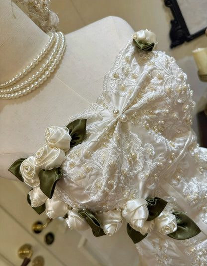 Elegant Ivory Strapless 3D Rose Beaded Ruffled Ball Gown Long Wedding Dress AE214