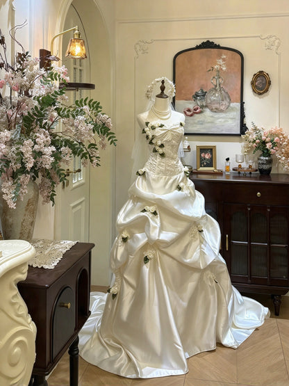 Elegant Ivory Strapless 3D Rose Beaded Ruffled Ball Gown Long Wedding Dress AE214