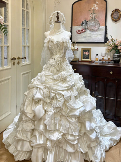 Luxury Ivory Strapless 3D Rose Lace Beaded Ruffled Ball Gown Long Wedding Dress AE215