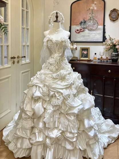 Luxury Ivory Strapless 3D Rose Lace Beaded Ruffled Ball Gown Long Wedding Dress AE215
