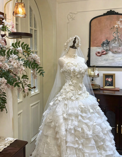 Dreamy Ivory Strapless 3D Floral Lace Beaded Ball Gown Long Wedding Dress AE217