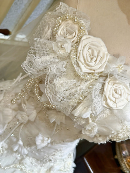 Dreamy Ivory Strapless 3D Floral Lace Beaded Ball Gown Long Wedding Dress AE217