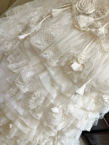 Dreamy Ivory Strapless 3D Floral Lace Beaded Ball Gown Long Wedding Dress AE217