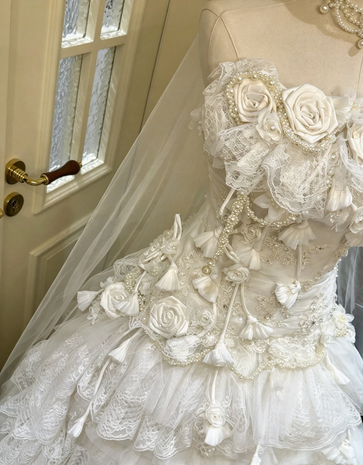 Dreamy Ivory Strapless 3D Floral Lace Beaded Ball Gown Long Wedding Dress AE217