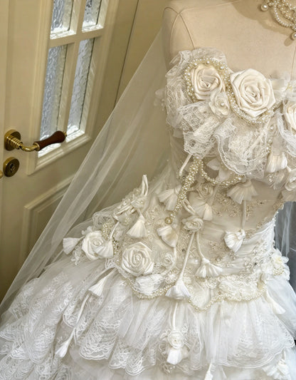 Dreamy Ivory Strapless 3D Floral Lace Beaded Ball Gown Long Wedding Dress AE217