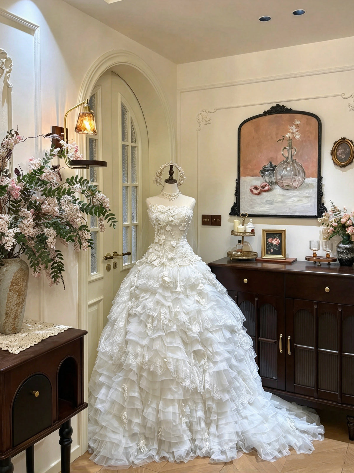 Dreamy Ivory Strapless 3D Floral Lace Beaded Ball Gown Long Wedding Dress AE217