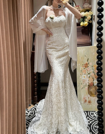 Chic Ivory Strapless Lace Beaded Mermaid Long Wedding Dress AE218
