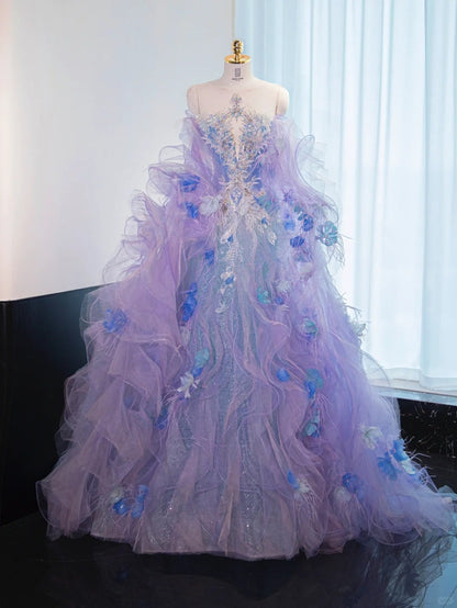 Stunning Lavender Feather Design Handmade Floral Beading Ceremonies Dress A-Line Tulle Layered Prom Dress AP1019