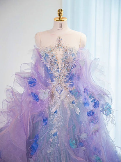 Stunning Lavender Feather Design Handmade Floral Beading Ceremonies Dress A-Line Tulle Layered Prom Dress AP1019
