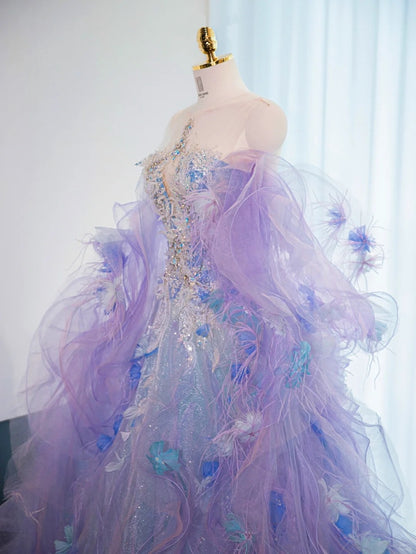 Stunning Lavender Feather Design Handmade Floral Beading Ceremonies Dress A-Line Tulle Layered Prom Dress AP1019