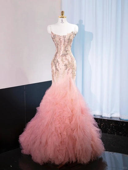 Chic Cascade Tulle Hem Pink Mermaid Dress Sweet 16 Beading Strapless Prom Dress AP1042
