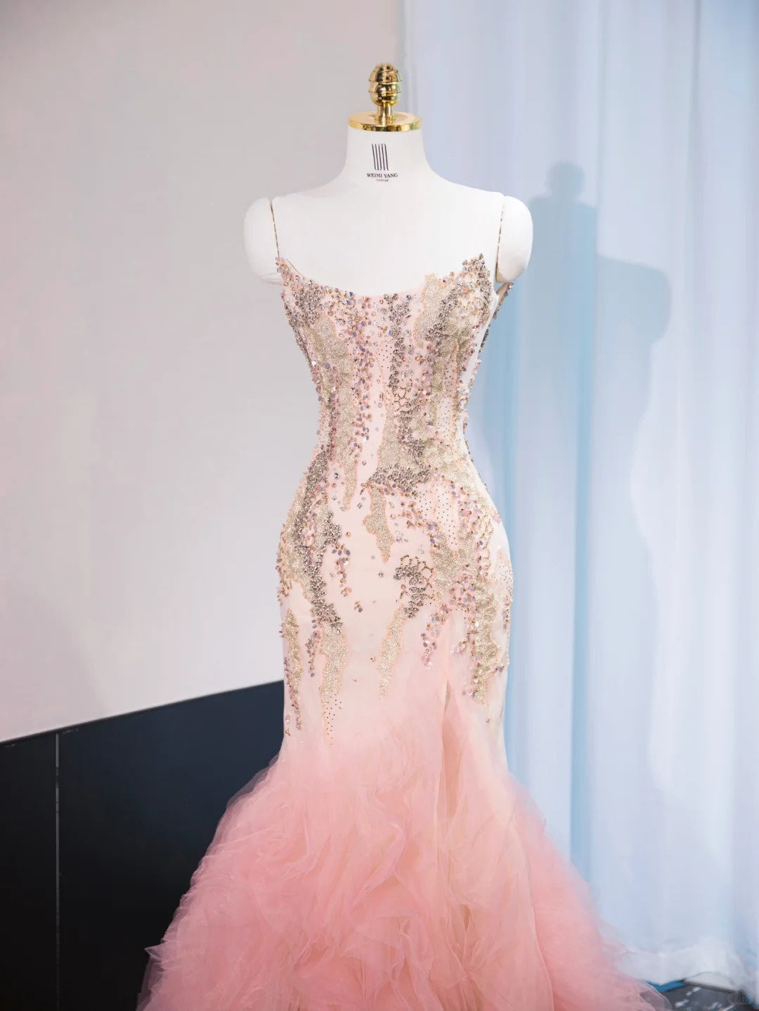 Chic Cascade Tulle Hem Pink Mermaid Dress Sweet 16 Beading Strapless Prom Dress AP1042