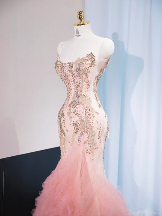 Chic Pink Tulle Mermaid Long Evening Dress Strapless Beading Prom Dress AP1042