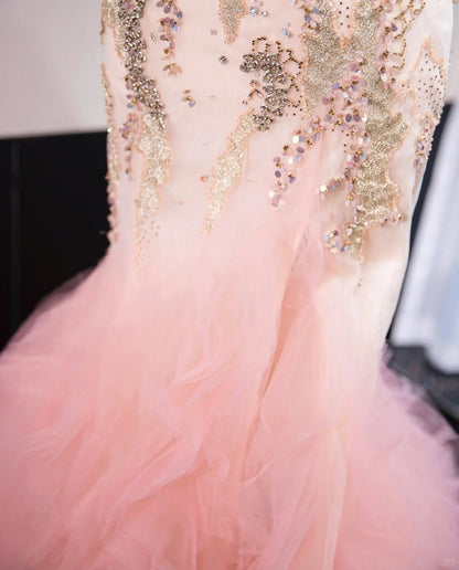 Chic Cascade Tulle Hem Pink Mermaid Dress Sweet 16 Beading Strapless Prom Dress AP1042