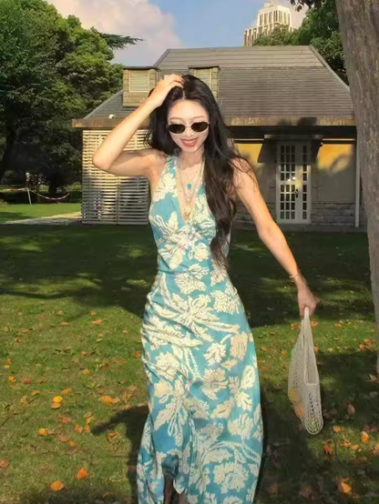 Bohemian Flowy Summer V-Neck Maxi Dress Soft Fabric Backless Floral Printed Halter Dress AP1089