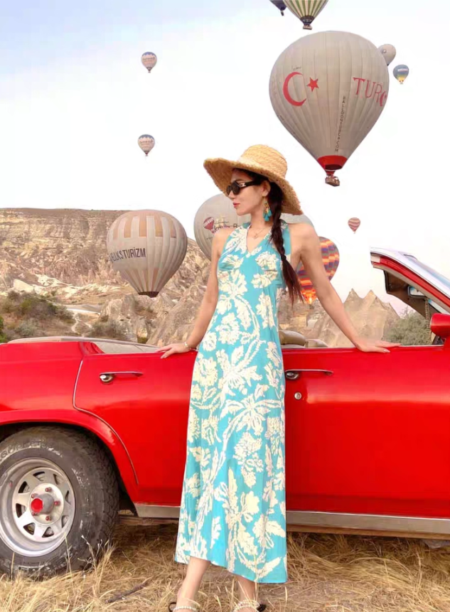 Bohemian Flowy Summer V-Neck Maxi Dress Soft Fabric Backless Floral Printed Halter Dress AP1089